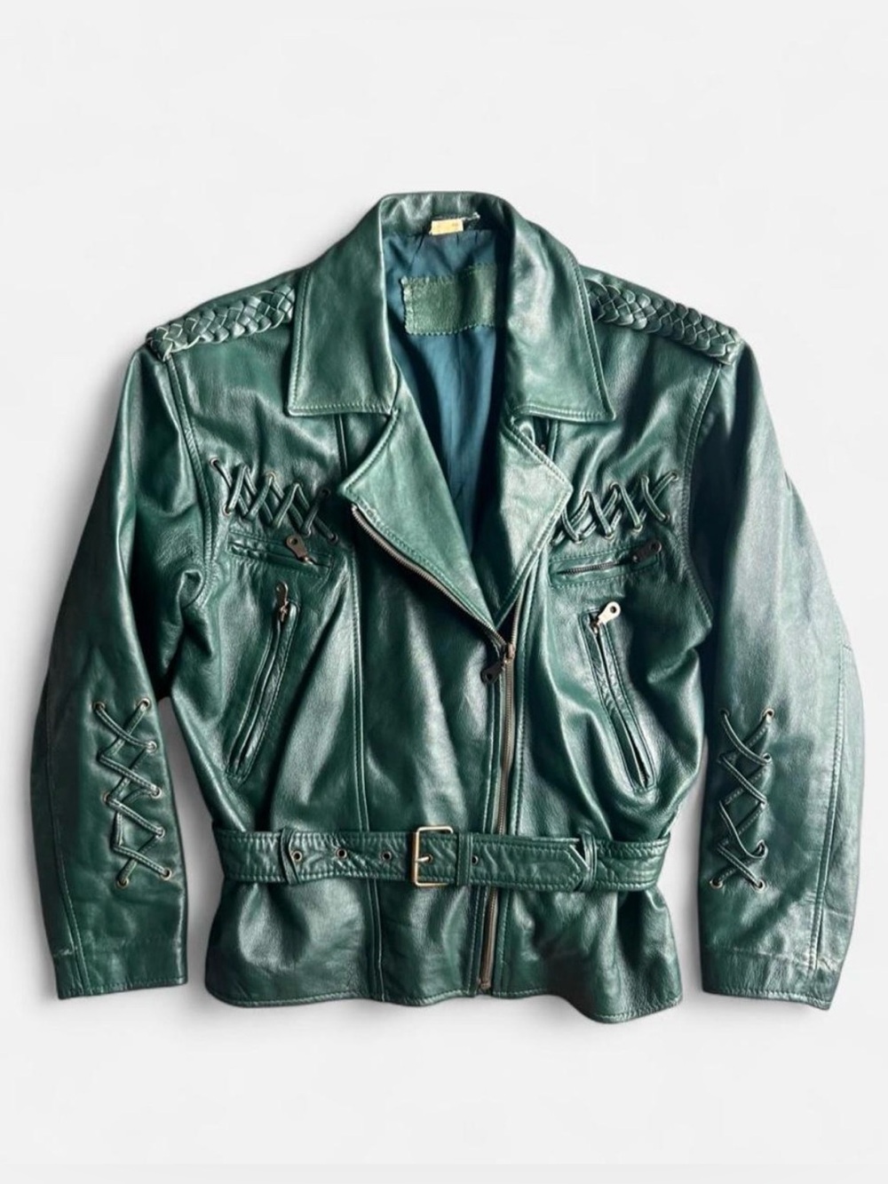Vintage 1980’s/90’s green leather motorcycle jacket size 40 (women’s M/L)